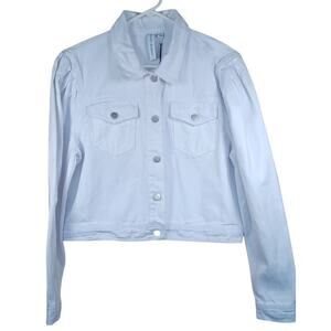 Grace & Karma White Puff Sleeve Cropped Denim Jacket Women's Size Medium